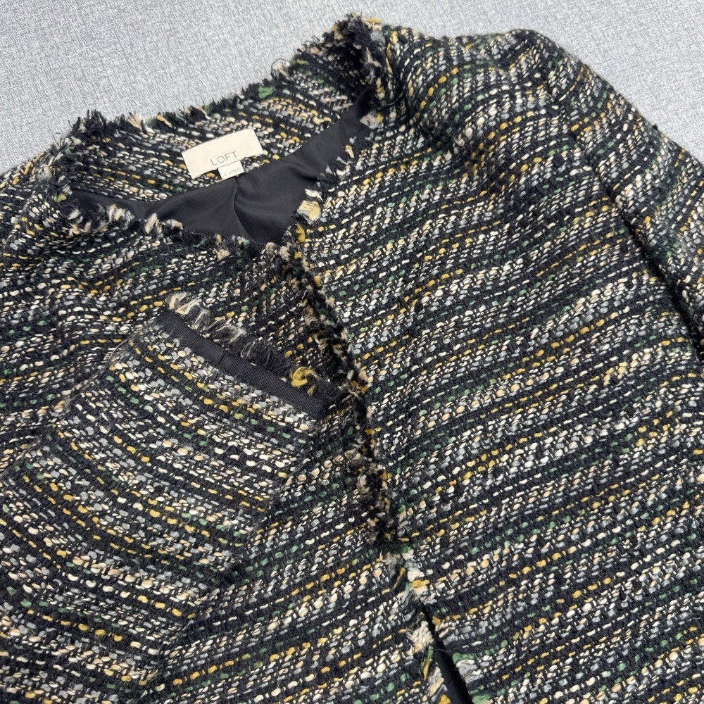 Ann Taylor LOFT Blazer Womens Multicolor Tweed Jacket Open Front Fringe Sz Small